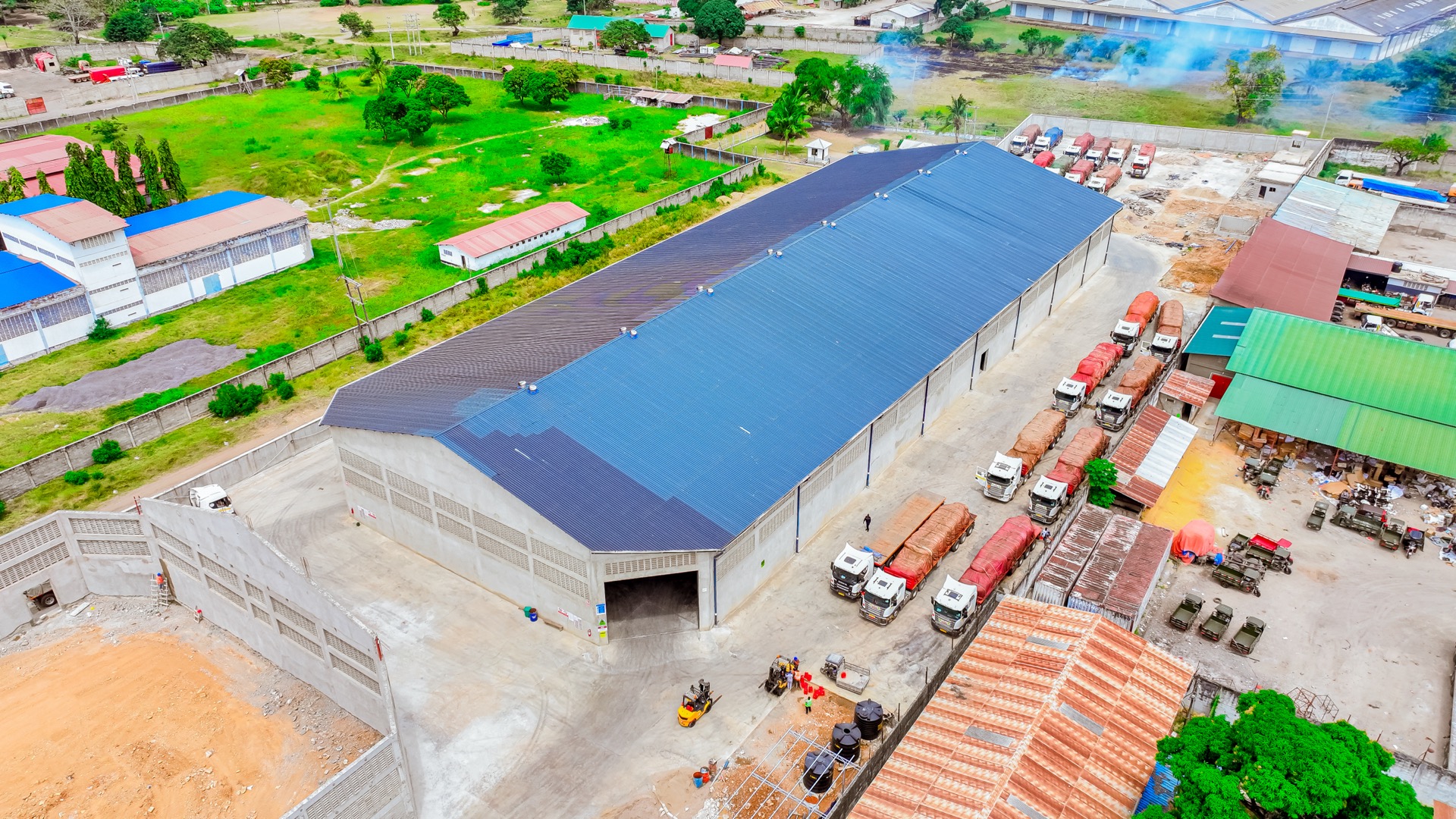 Aerial view of the warehouse and fleet at Tanga Warehouse